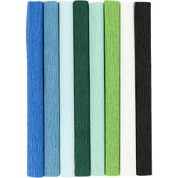 Crepepapir, ark 25x60 cm, Stræk/crepe: 180%, 105 g, blå/grøn harmoni, 8 ark/ 1 pk.
