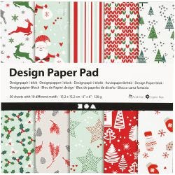 Designpapir i blok, ark 15,2x15,2 cm, 120 g, grøn, rød, hvid, 50 ark/ 1 pk.