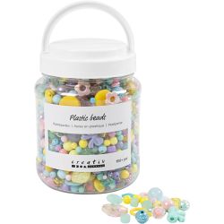 Plastperler, diam. 5-35 mm, hulstr. 1-8 mm, ass. farver, 700 ml/ 1 ds.