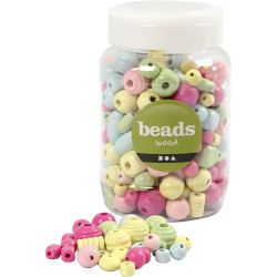 Træperler, diam. 10-15 mm, hulstr. 3-5 mm, lyseblå, lys grøn, lyserød, lys gul, 400 ml/ 1 spand