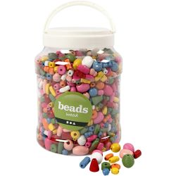 Træperler, str. 5-28 mm, hulstr. 2,5-3 mm, ass. farver, 850 g, 2 l/ 1 spand