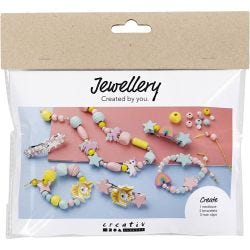 Mini DIY Kit Smykker, Halskæde, armbånd, hårpynt, lys blå, lys rød, gul, 1 pk.