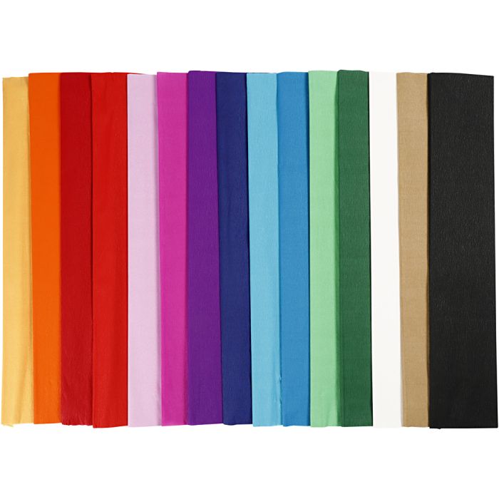 Crepepapir, L: 2,5 m, B: 50 cm, 22 g, ass. farver, 4x15 læg/ 1 pk.