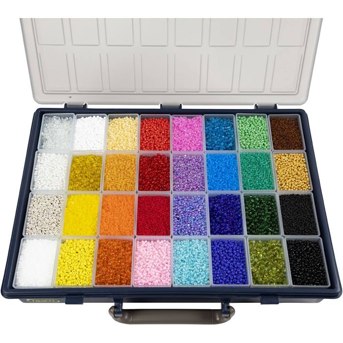 Rocaiperler, diam. 1,7+3+4 mm, str. 6/0+8/0+12/0, hulstr. 0,5-1,2 mm, Farve kan variere, ass. farver, 32x100 g/ 1 pk.