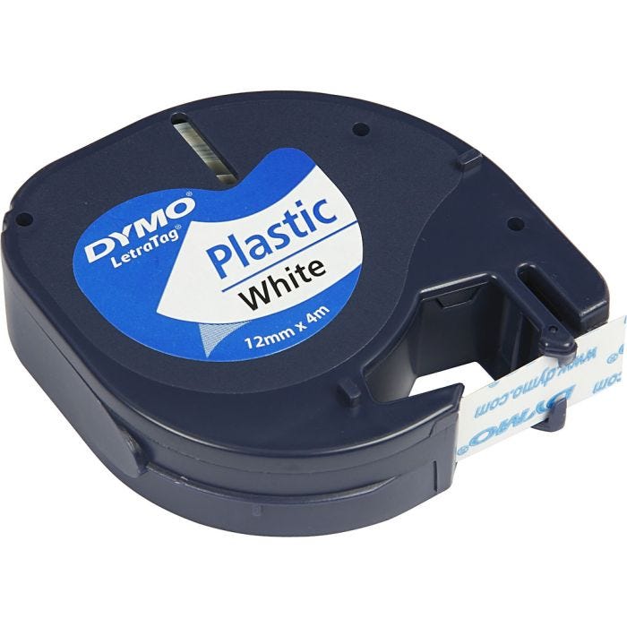 Dymo Tape Plast, L: 4 M, B: 12 mm, hvid, 4 m/ 1 rl.