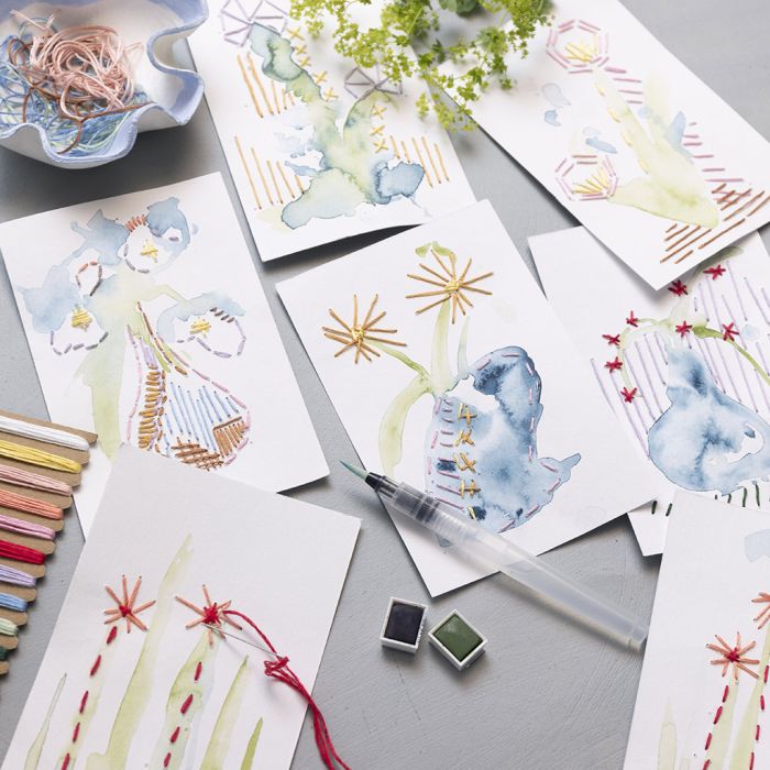 Billeder med akvarel og broderi