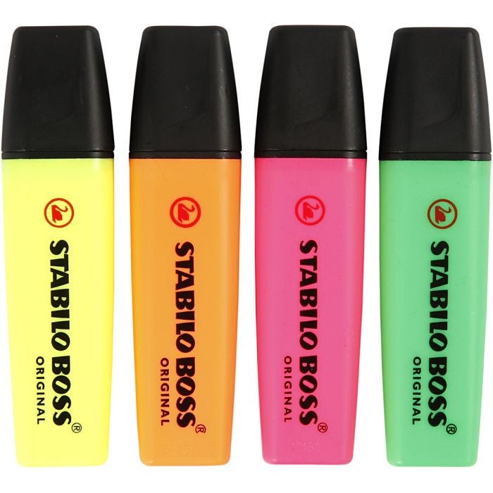 Overstregningstusch, neon grøn, neon orange, neon pink, neon gul, 4 stk./ 1 pk.