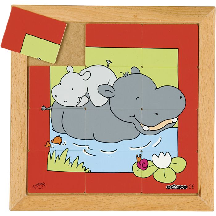 Educo Puslespil dyremor og -børn, flodhest, str. 24x24 cm, 12 brikker, 1 stk.