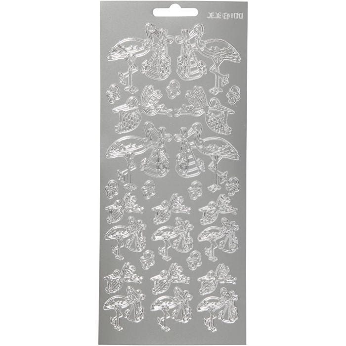 Stickers, stork med baby, ark 10x23 cm, sølv, 1 ark