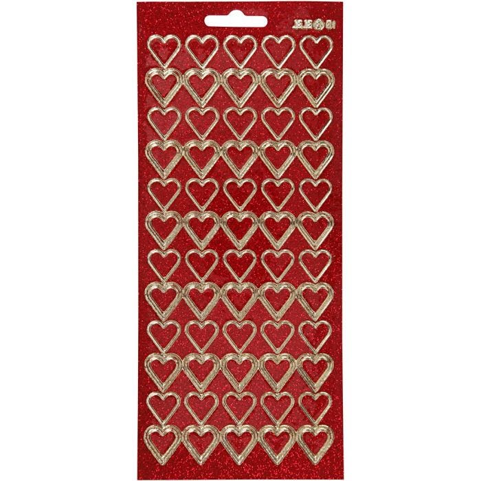 Stickers, hjerter, ark 10x23 cm, guld, rød glitter, 1 ark