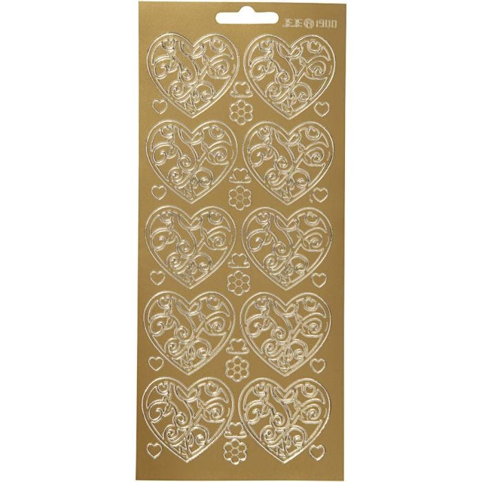 Stickers, hjerter, ark 10x23 cm, guld, 1 ark