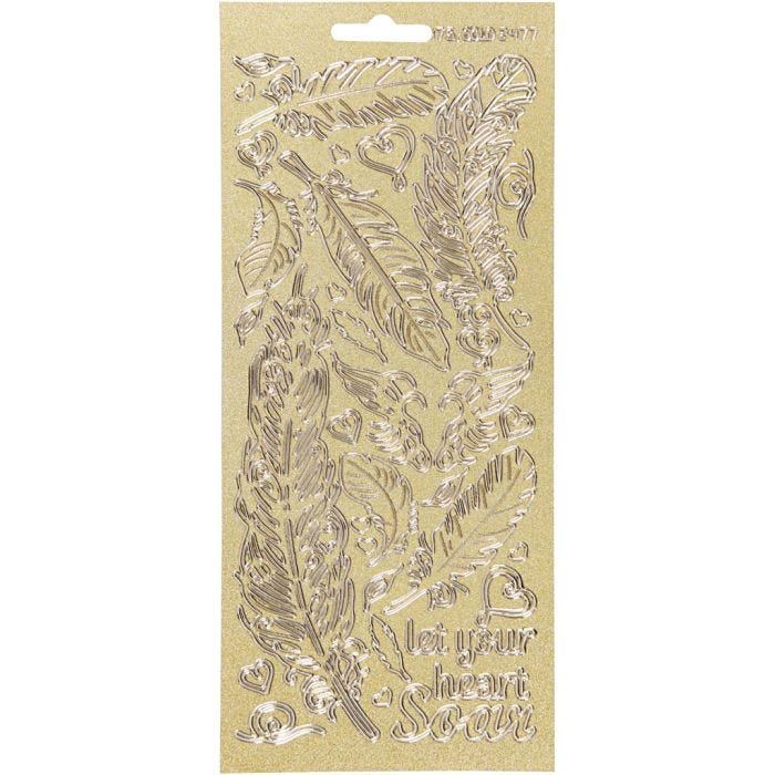 Stickers, fjer, ark 10x23 cm, guld, 1 ark