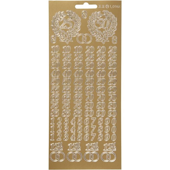 Stickers, jubilæum, ark 10x23 cm, guld, 1 ark
