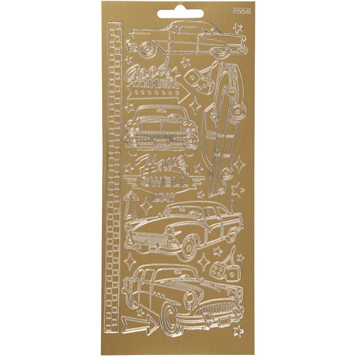 Stickers, biler, ark 10x23 cm, guld, 1 ark