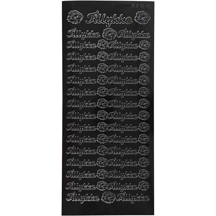 Stickers, tillykke, ark 10x23 cm, sort, 1 ark