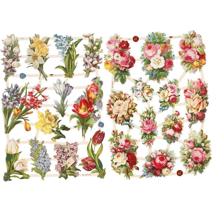 Glansbilleder, forårsblomster, ark 16,5x23,5 cm, 2 ark/ 1 pk.