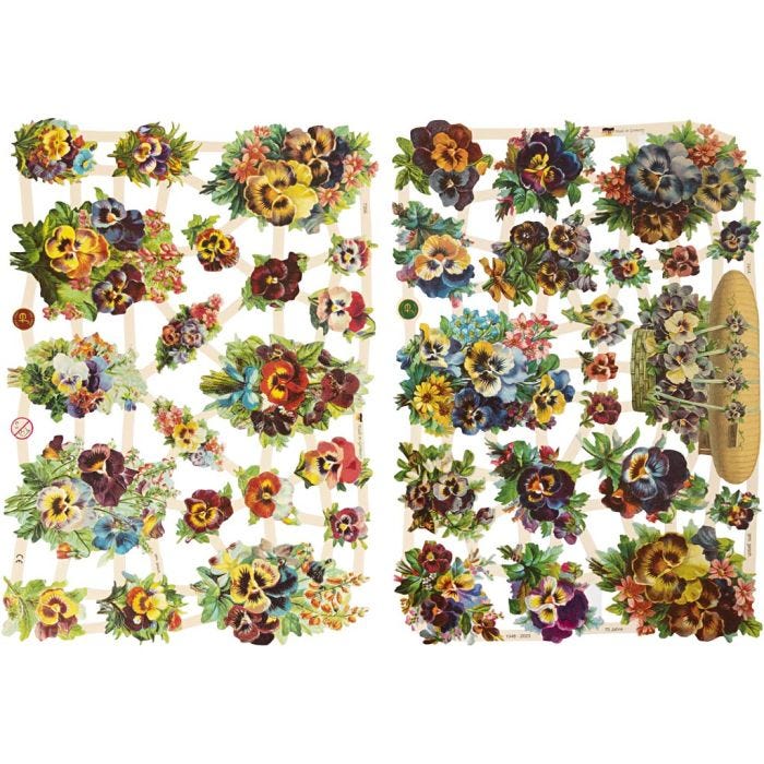 Glansbilleder, stedmoderblomster, ark 16,5x23,5 cm, 2 ark/ 1 pk.