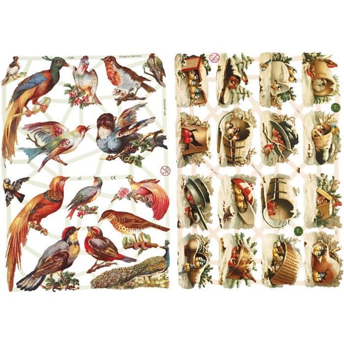 Glansbilleder, fugle, ark 16,5x23,5 cm, 2 ark/ 1 pk.