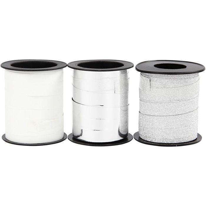 Gavebånd, B: 10 mm, sølv, sølv glitter, hvid, 3x15 m/ 1 pk.