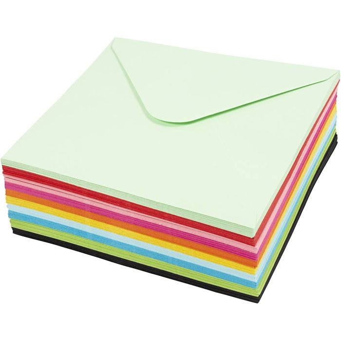 Kulørte kuverter, kuvert str. 16x16 cm, 80 g, ass. farver, 10x10stk./ 1 pk.