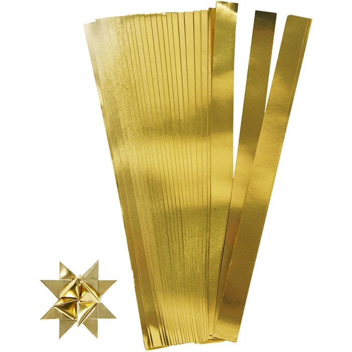 Stjernestrimler, L: 73 cm, B: 25 mm, diam. 11,5 cm, guld, 100 strimler/ 1 pk.