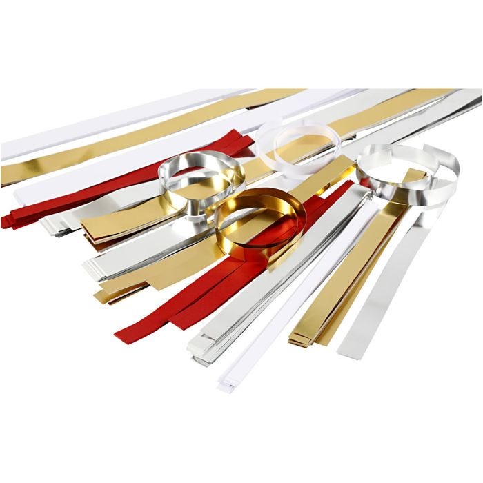 Stjernestrimler, L: 44+78 cm, diam. 4,5+6,5+11,5 cm, B: 10+15+25 mm, Indhold kan variere, guld, rød, sølv, hvid, 5000 strimler/ 1 pk.
