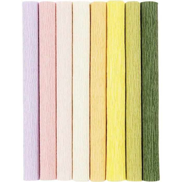Crepepapir, ark 25x60 cm, Stræk/crepe: 180%, 105 g, pastelfarver, 8ark/ 1 pk.