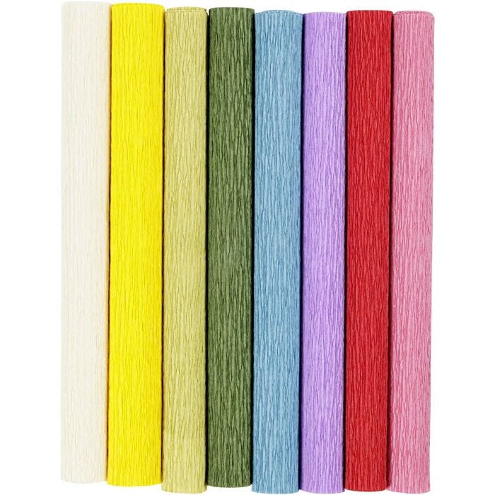 Crepepapir, ark 25x60 cm, Stræk/crepe: 180%, 105 g, standardfarver, 8ark/ 1 pk.