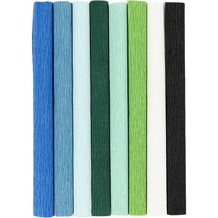 Crepepapir, ark 25x60 cm, Stræk/crepe: 180%, 105 g, blå/grøn harmoni, 8ark/ 1 pk.