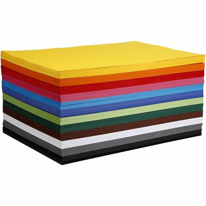 Kulørt karton, A2, ark 420x594 mm, 180 g, ass. farver, 120 ass. ark/ 1 pk.