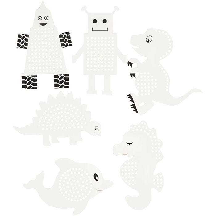 Broderifigurer, dyr/robotter, H: 8-13 cm, B: 8-13 cm, hvid, 6x3 stk./ 1 pk.