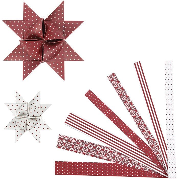 Stjernestrimler, L: 44+78 cm, diam. 6,5+11,5 cm, B: 15+25 mm, rød, hvid, 60 strimler/ 1 pk.