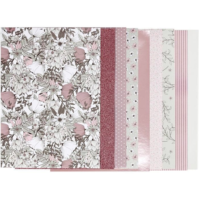 Designpapir i blok, str. 21x30 cm, 120+128 g, beige, brun, rosa, hvid, 24 ark/ 1 pk.