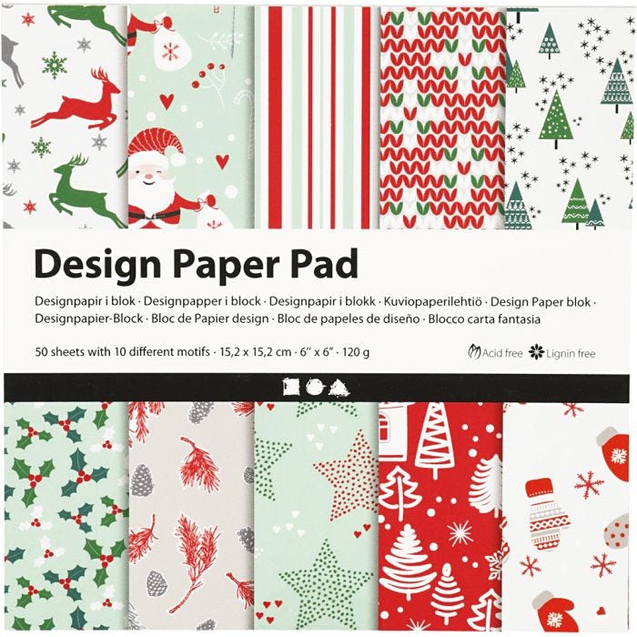 Designpapir i blok, ark 15,2x15,2 cm, 120 g, grøn, rød, hvid, 50 ark/ 1 pk.