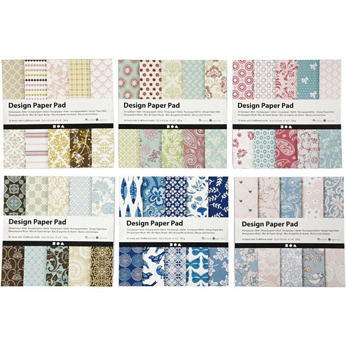 Designpapir i blok, ark 15,2x15,2 cm, 120 g, ass. farver, 300 ark, 6x50 ark/ 1 pk.