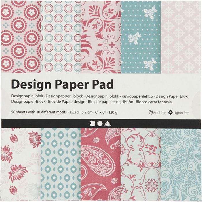 Designpapir i blok, ark 15,2x15,2 cm, 120 g, rosa, 50 ark/ 1 pk.