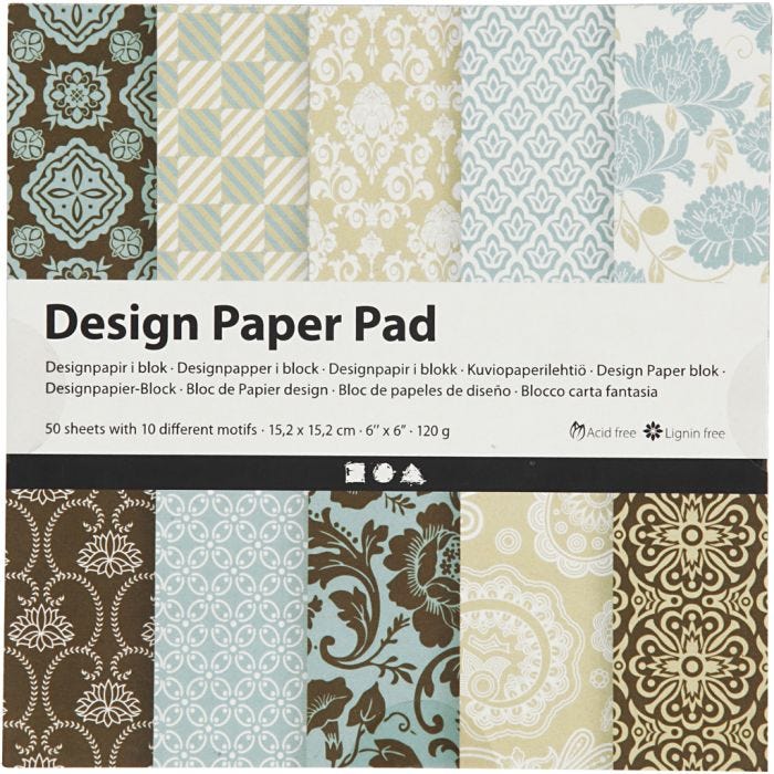 Designpapir i blok, ark 15,2x15,2 cm, 120 g, lyseblå, brun, 50 ark/ 1 pk.