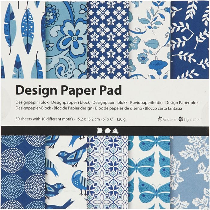 Designpapir i blok, ark 15,2x15,2 cm, 120 g, blå, 50 ark/ 1 pk.