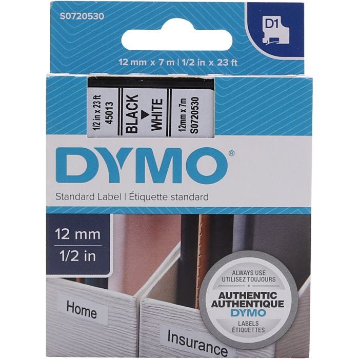 Dymo prægetape, sort, hvid, 1 stk.