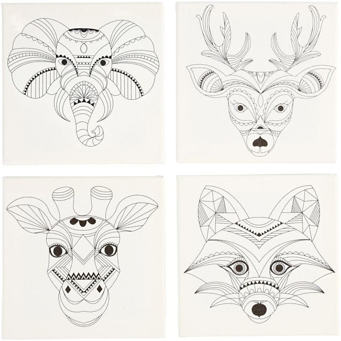 Malerlærred med print, dyr, str. 20x20 cm, 280 g, hvid, 4 stk./ 1 pk.