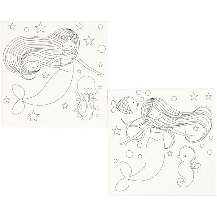 Malerlærred med print, havfruer, str. 20x20 cm, 280 g, hvid, 2 stk./ 1 pk.