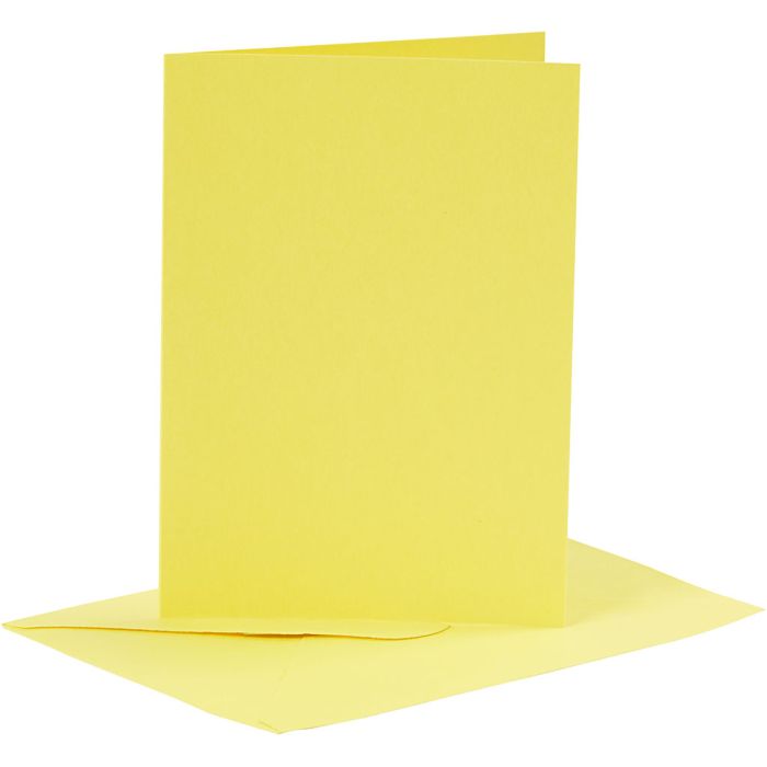 Kort og kuverter, kort str. 10,5x15 cm, kuvert str. 11,5x16,5 cm, 110+220 g, gul, 6 sæt/ 1 pk.