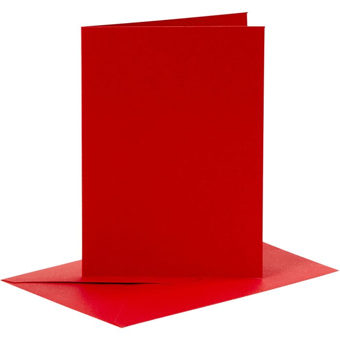 Kort og kuverter, kort str. 10,5x15 cm, kuvert str. 11,5x16,5 cm, 110+230 g, rød, 6 sæt/ 1 pk.