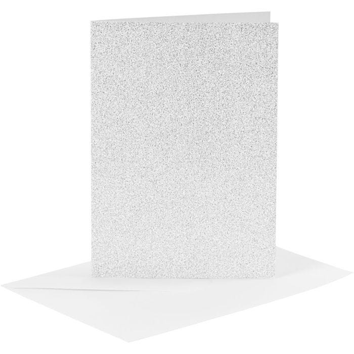 Kort og kuverter, kort str. 10,5x15 cm, kuvert str. 11,5x16,5 cm, glitter, 120+250 g, sølv, 4 sæt/ 1 pk.