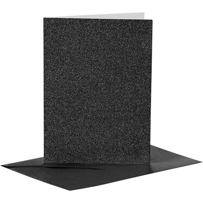 Kort og kuverter, kort str. 10,5x15 cm, kuvert str. 11,5x16,5 cm, glitter, 110+250 g, sort, 4 sæt/ 1 pk.