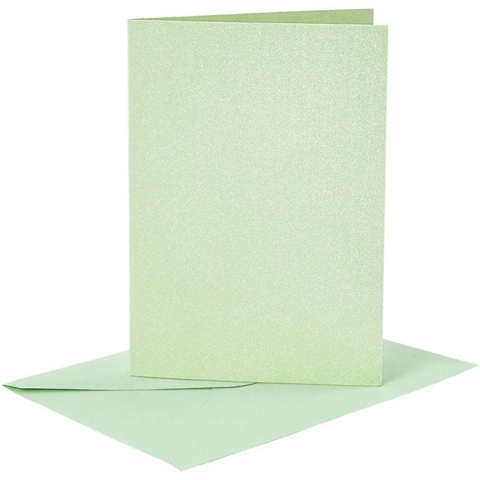 Kort og kuverter, kort str. 10,5x15 cm, kuvert str. 11,5x16,5 cm, perlemor, 120+210 g, lys grøn, 4 sæt/ 1 pk.