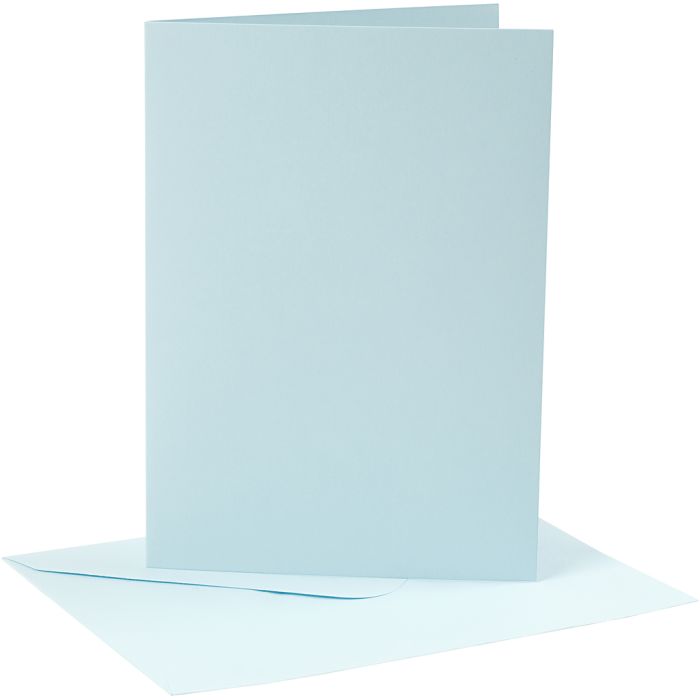 Kort og kuverter, kort str. 12,7x17,8 cm, kuvert str. 13,3x18,5 cm, 220 g, lys blå, 4 sæt/ 1 pk.