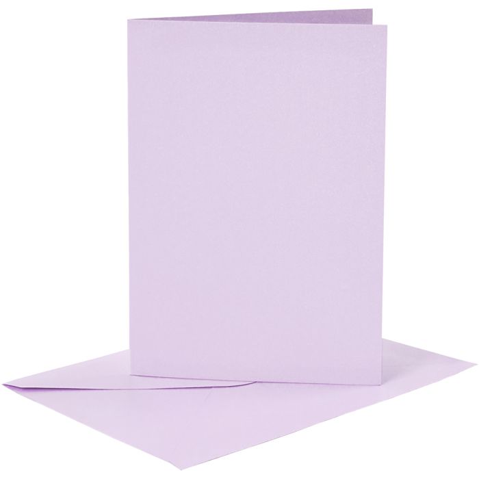 Kort og kuverter, kort str. 10,5x15 cm, kuvert str. 11,5x16,5 cm, 120+210 g, lys lilla, 6 sæt/ 1 pk.