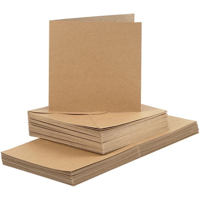 Kort og kuverter, kort str. 15x15 cm, kuvert str. 16x16 cm, 120+240 g, natur, 50 sæt/ 1 pk.