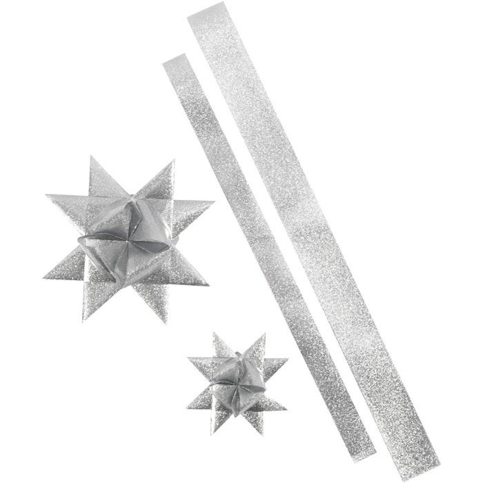 Stjernestrimler, L: 86+100 cm, B: 25+40 mm, diam. 11,5+18,5 cm, sølv glitter, 16 strimler/ 1 pk.